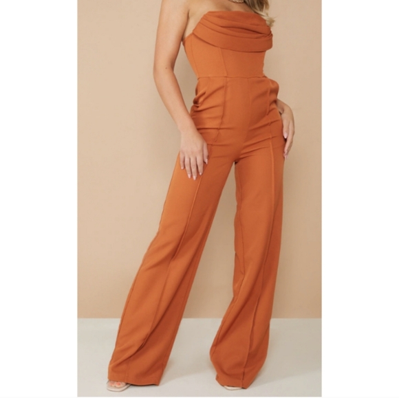 PrettyLittleThing Pants - Rust Strapless Wide Leg Jumpsuit
